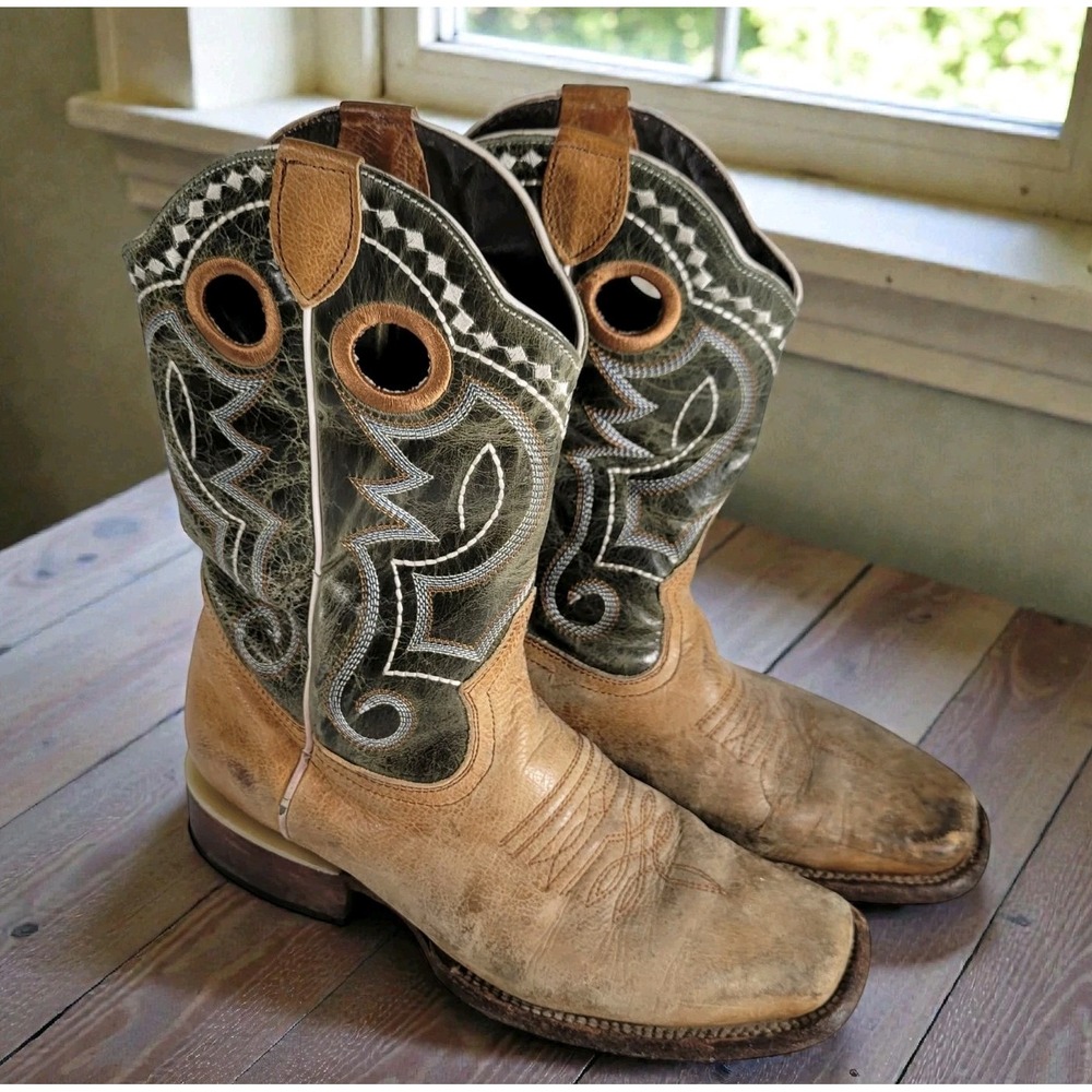 J.B Dillon Men's Square Toe Nevada Tan Western Cowboy Boots Size 6.5 D Green